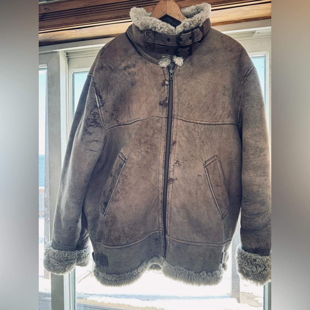 Women’s  Shearling Aviator Jacket - Taupe Brown. detachable hood, worn as large